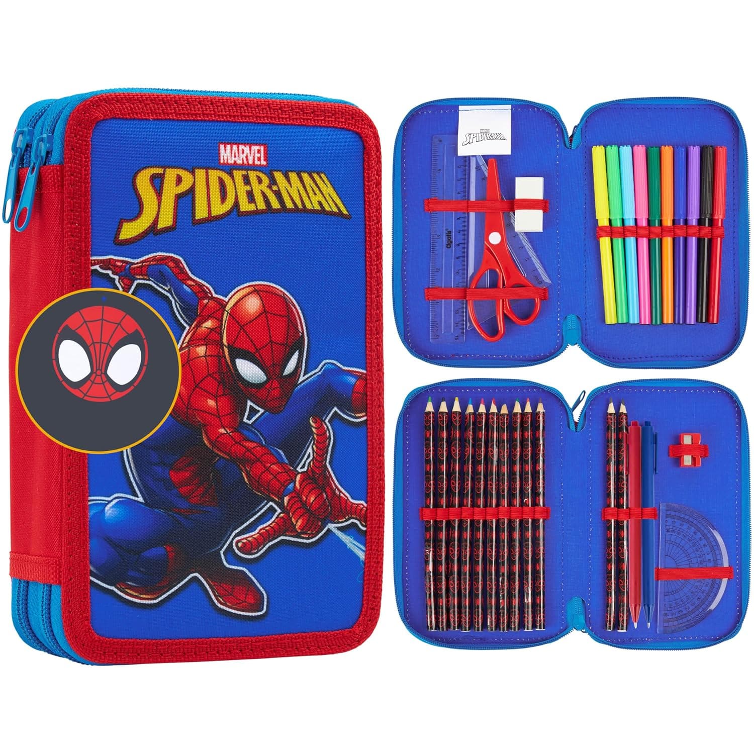 Marvel Spiderman Filled Pencil Case for Boys Stationery Set Colouring Pencils Felt Tip Pens Large Capacity Back to School Supplies Gifts for Boys, Multi, 20x13.5x5cm, Spiderman 2 Compartment