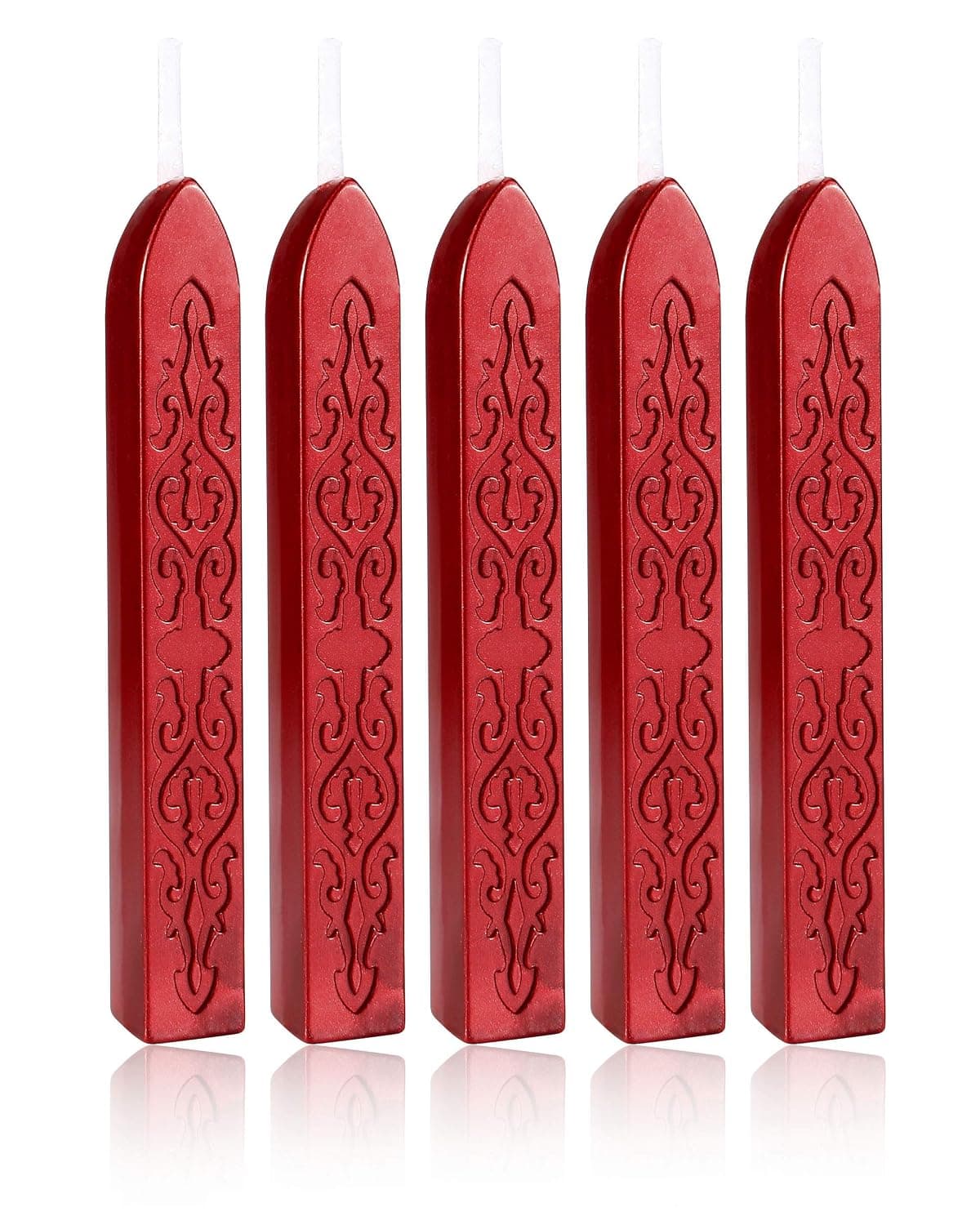 Yoption 5 Pcs Metallic Red Sealing Wax Sticks with Wicks for Wax Seal Stamp, Wedding Invitations, Envelopes, Gifts Sealing | Embossed Pattern Wax Sticks for Wedding Invitation, Christmas Card, Envelope, Snail Mail, Wine Package, Gift Wrapping