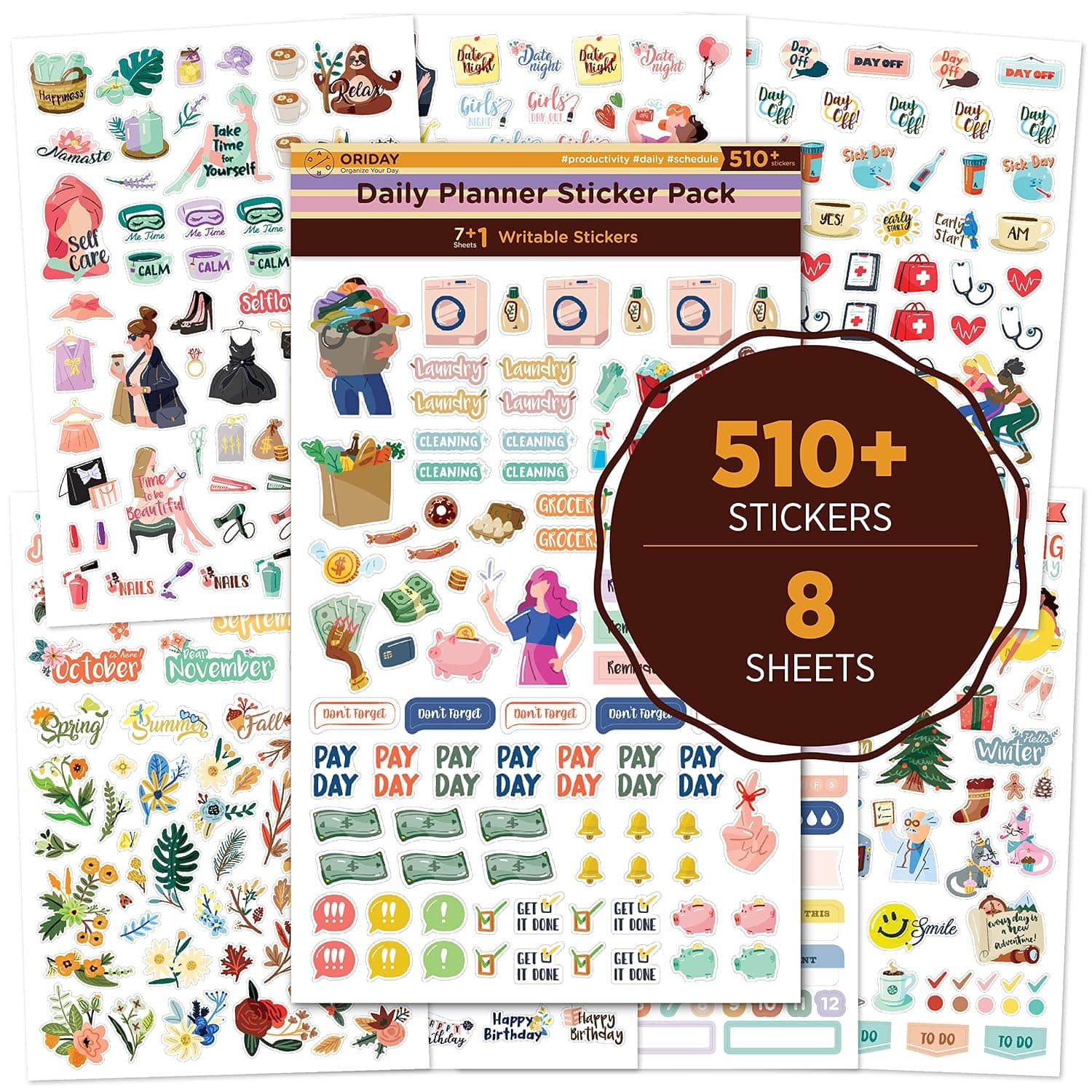 Oriday New Daily Happy Planner Sticker Pack- 500+ Cute Agenda Sticker Sets for Journaling, Decorating, Budget Planner, School Supply, Calendar Stickers for Adults Planner, Female Empowerment