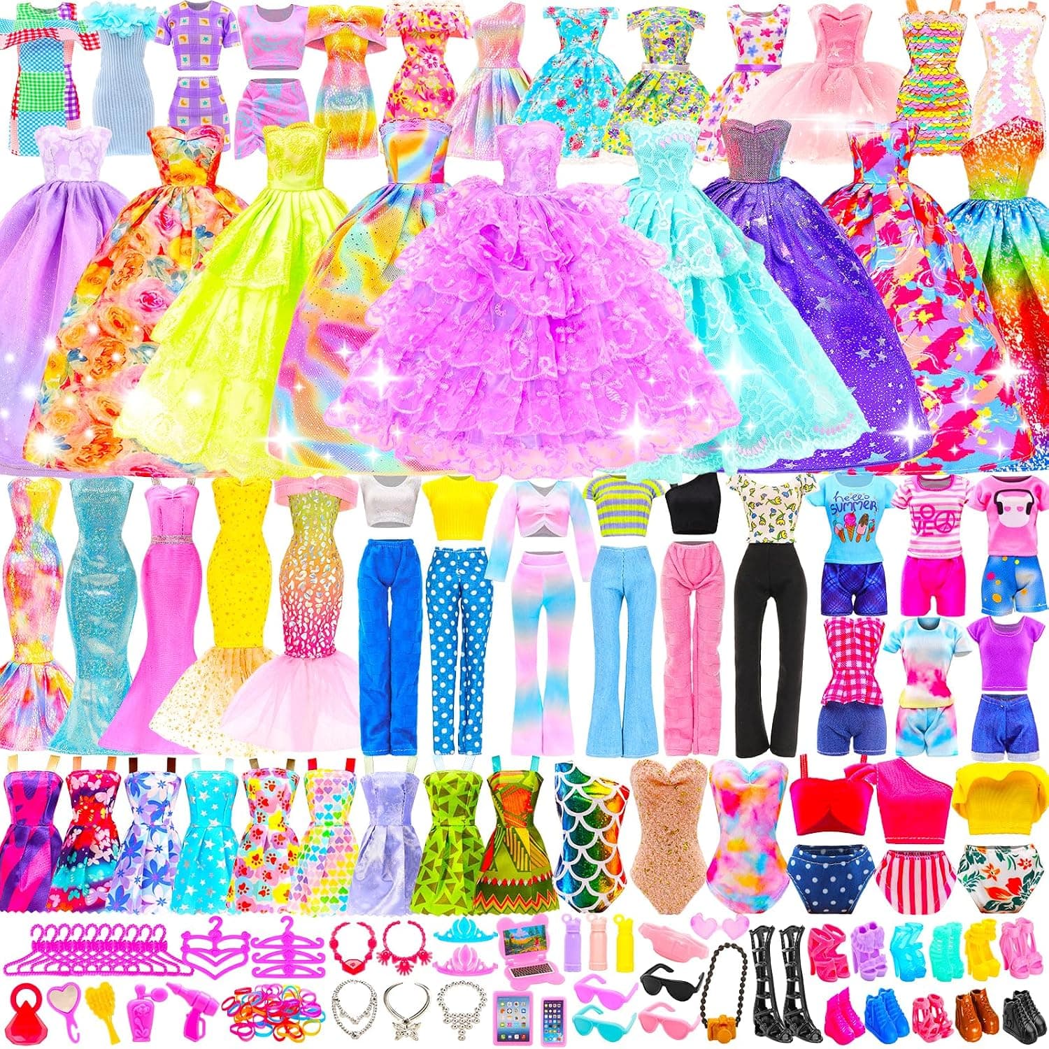 BARWA 70 Pack Doll Clothes and Accessories 3 Wedding Gown Dresses 5 Long Dresses Fashion Dresses 4 Tops 4 Pants 3 Swimsuits Bikini 5 Mini Dresses 15 Shoes Hangers Computer Cosmetic for 11.5 inch Doll