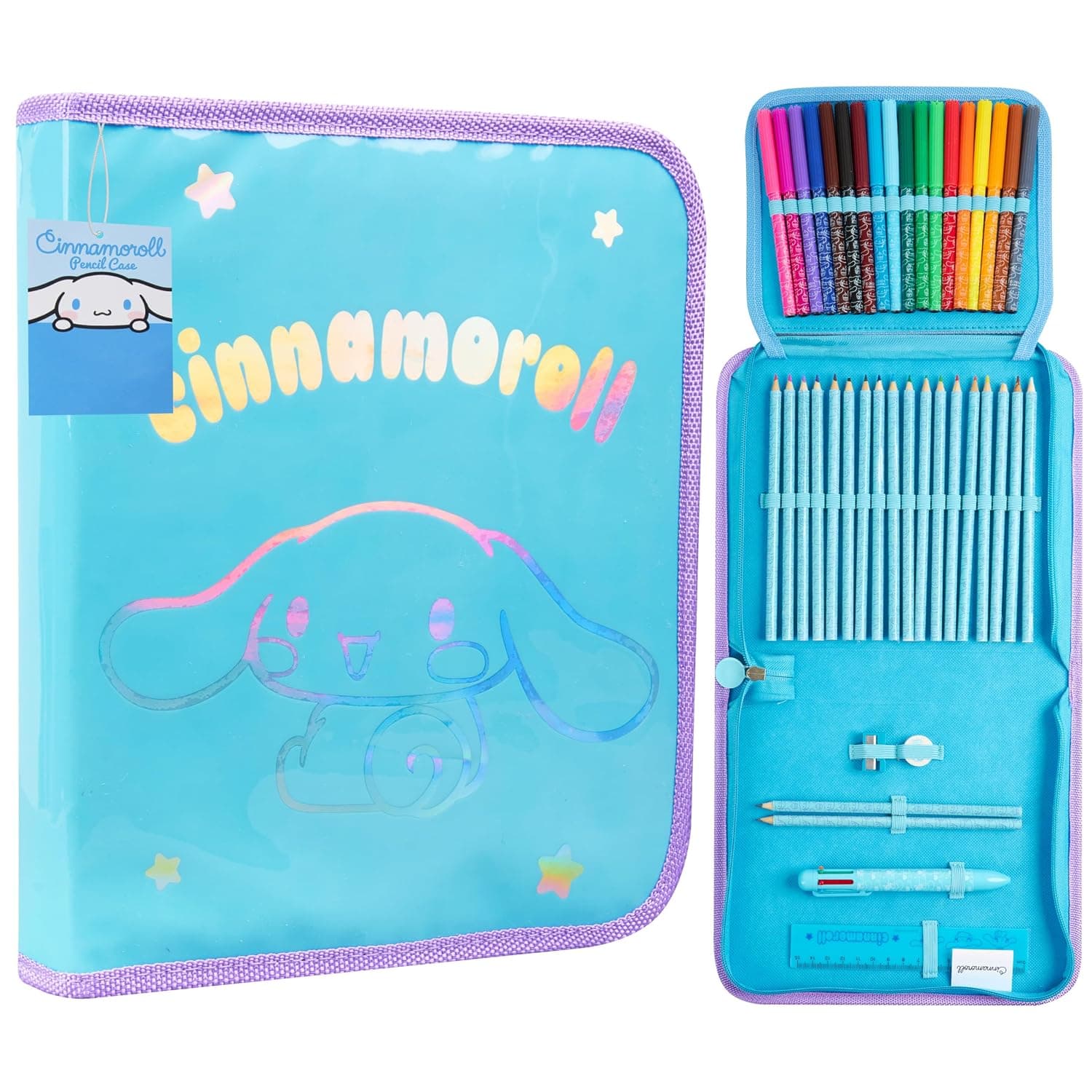 Hello Kitty Sanrio Filled Pencil Case Girls Large Capacity Stationery Set Kawaii Tweens Cute Cinnamoroll Kuromi Anime School Supplies Gifts for Her, Blue Cinnamoroll, 24.5x20.5x4cm, Cinnamoroll 1