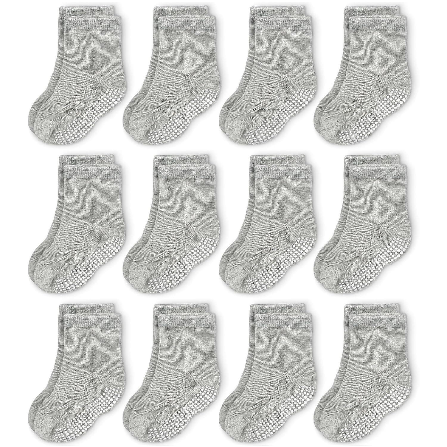 CozyWay Baby & Toddler Socks With Grippers Non Slip Crew Grip Socks for Girls and Boys Soft Comfy Cotton - 12 Pack