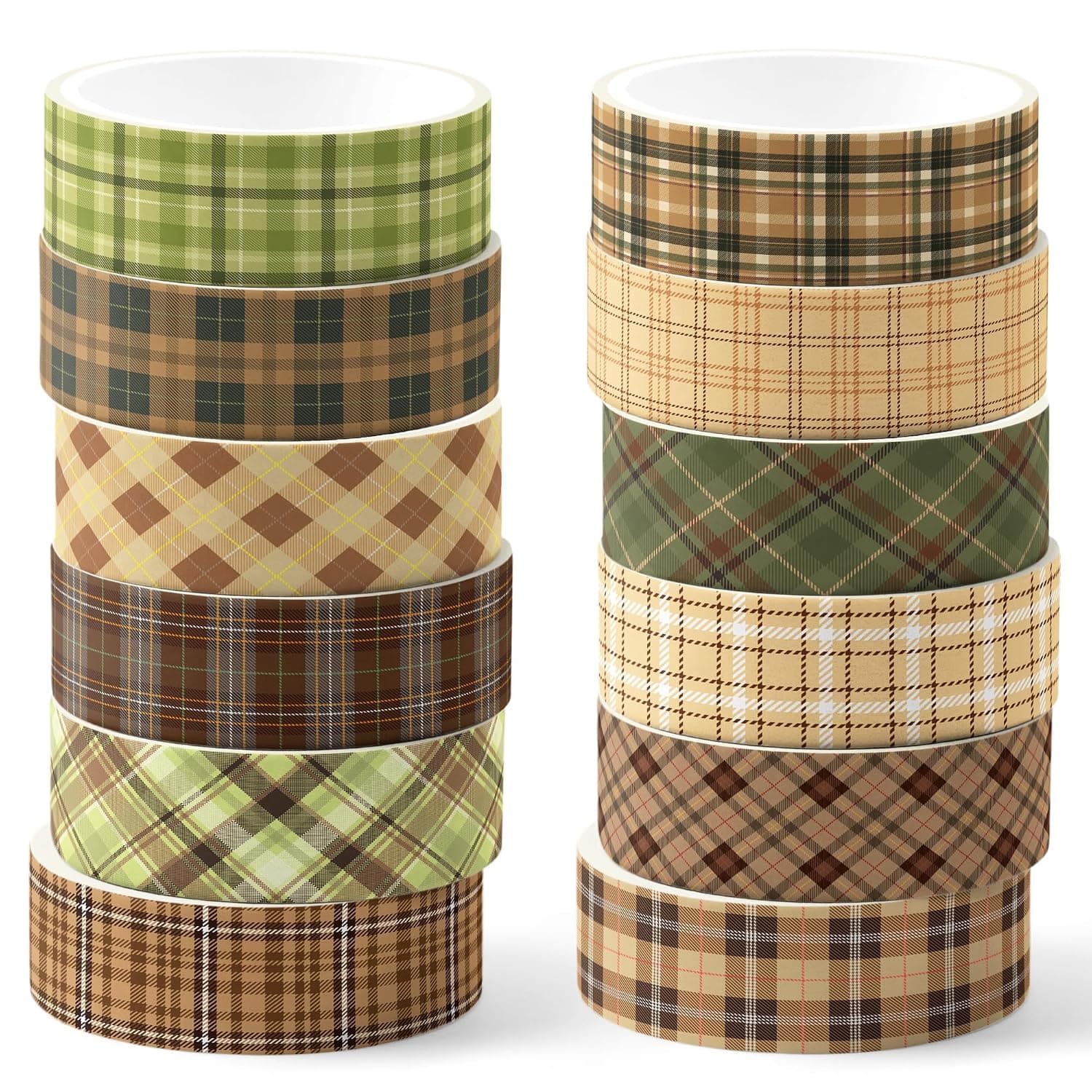 12 Rolls Plaid Washi Tape Set 15mm x 5m Vintage Checkered Masking Tape Pack | 12 brown and green plaid designs for scrapbook, journal, planner, gift wrapping, DIY crafts, cards, labels, classroom project