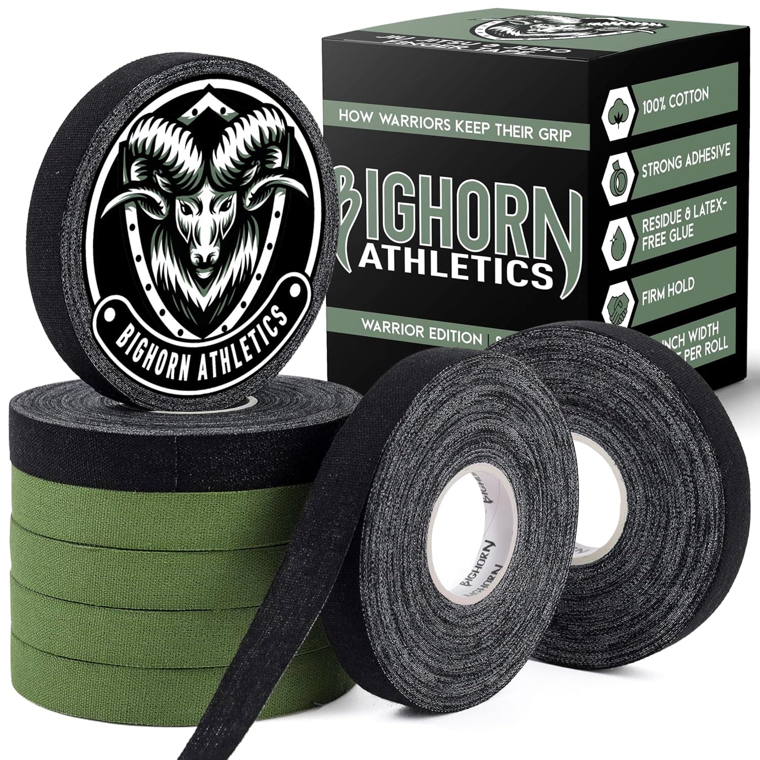 Bighorn Athletics Jiu Jitsu Finger Band, Warrior Edition, 0.5" x 13.7m, 8 Rolls (Military Green & Black)