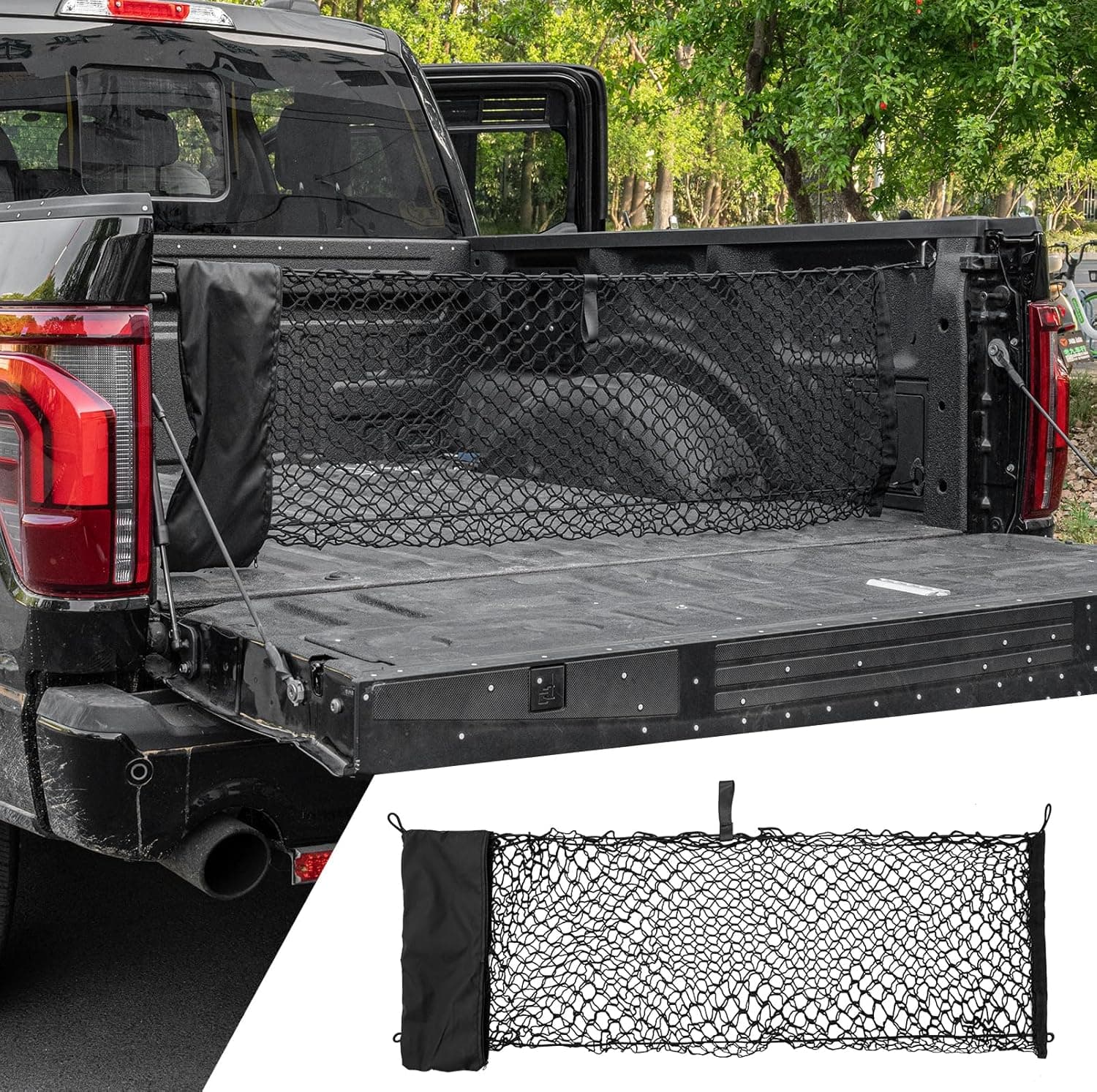 ماكسزدنا شبكة كارجو متوافقة مع 2015-2025 فورد F150 2017+ F250 F350 F450 شبكة كارجو 4.10 قدم × 1.51 قدم طبقة مزدوجة على شكل ظرف منظم صندوق شبكي كثيف للملحقات الخارجية 2024 F-150