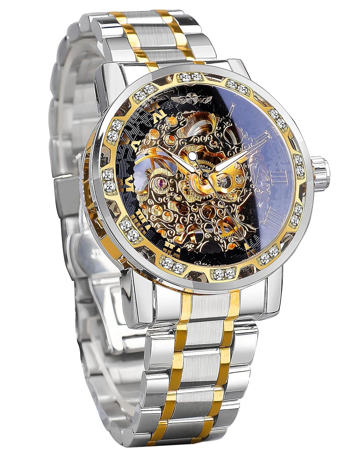 Winner Retro Manual Mechanical Skeleton Watch with Diamond and Carving Flower Craft Men Skeleton Wrist Watch Mechanical Classic Roman Number