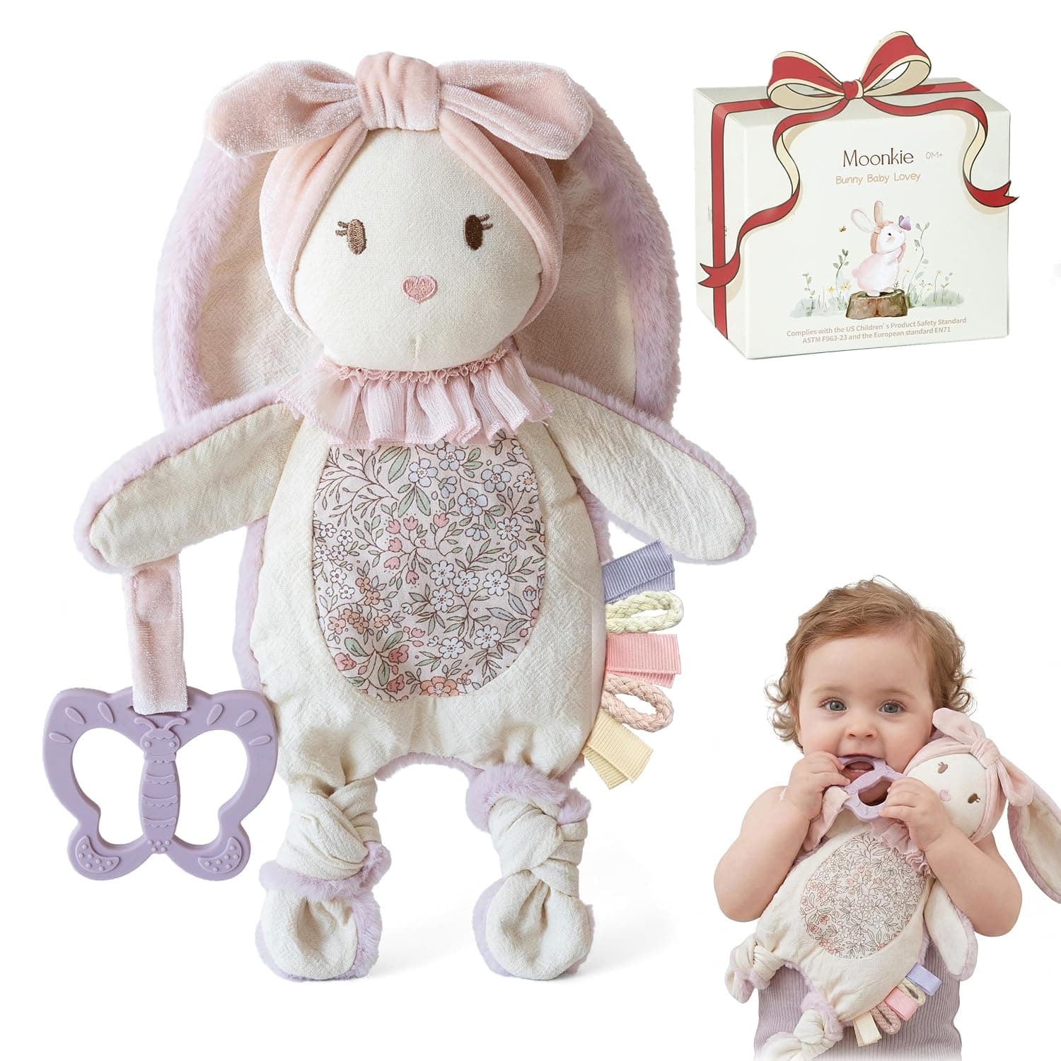 Moonkie Cuddly Toy Baby, Rabbit Cuddle Blanket with Silicone Teething Ring, Super Soft Comforter, Gifts for Birth, Baby Toy with Textured Bands, Crinkle Ears, Baby Gifts for Girls