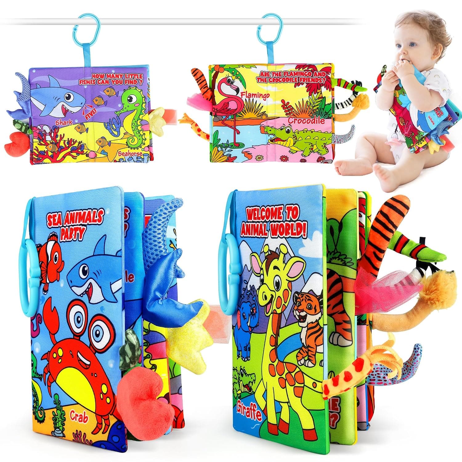 Helsort Soft Baby Books for 0-18 Months, 2PCS Crinkle Cloth Books - Forest and Ocean Themes, Tummy Time Toys for Infants 0-6-12-18 Months, Sensory Books for Babies, Ideal Christmas