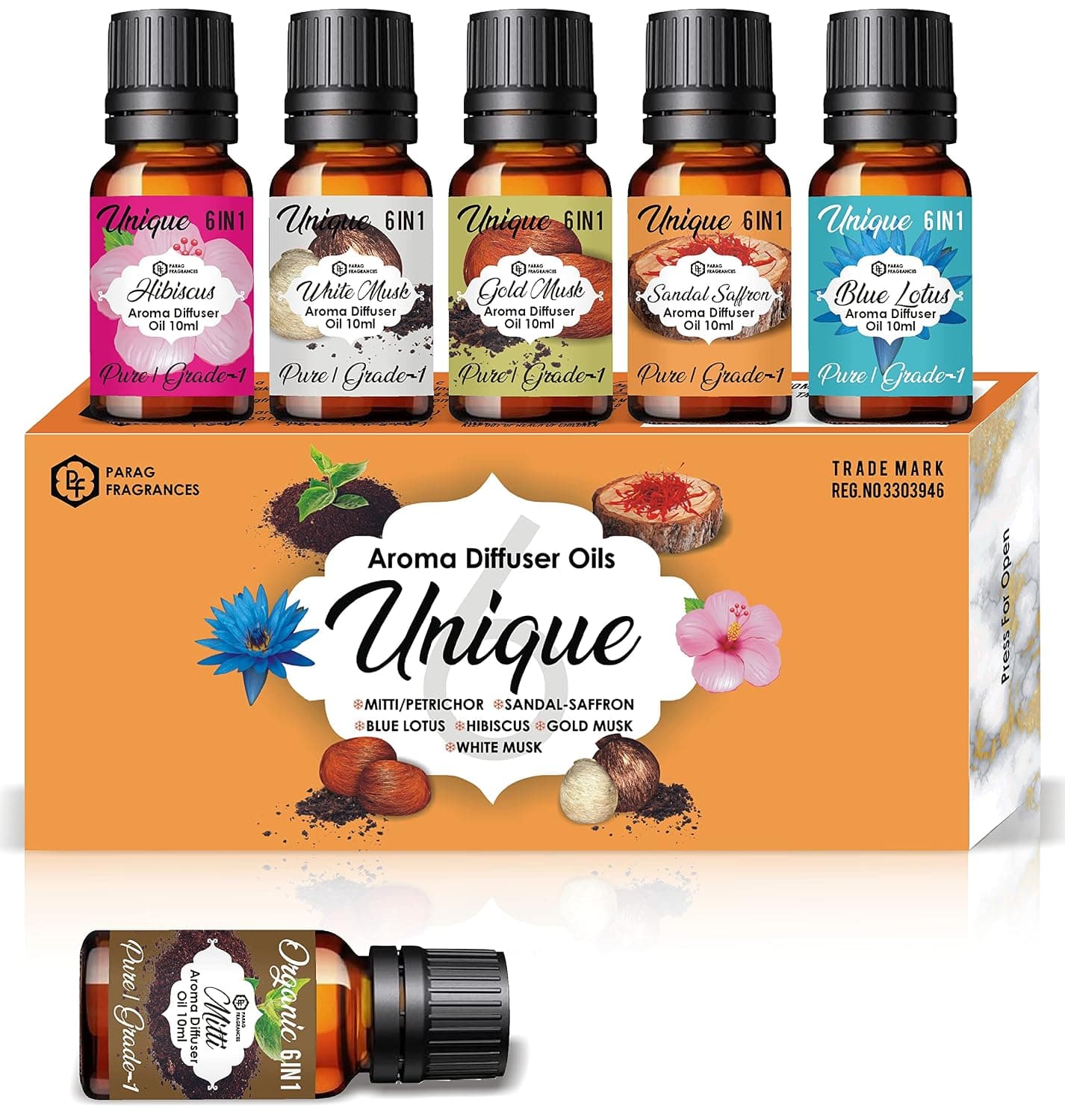 Parag Fragrances Unique Aroma Diffuser / Essential Oils 6in1 of (Mitti, Sandal-Saffron, Blue Kamal , Hibiscus, Gold Musk & White Musk) Essential oils
