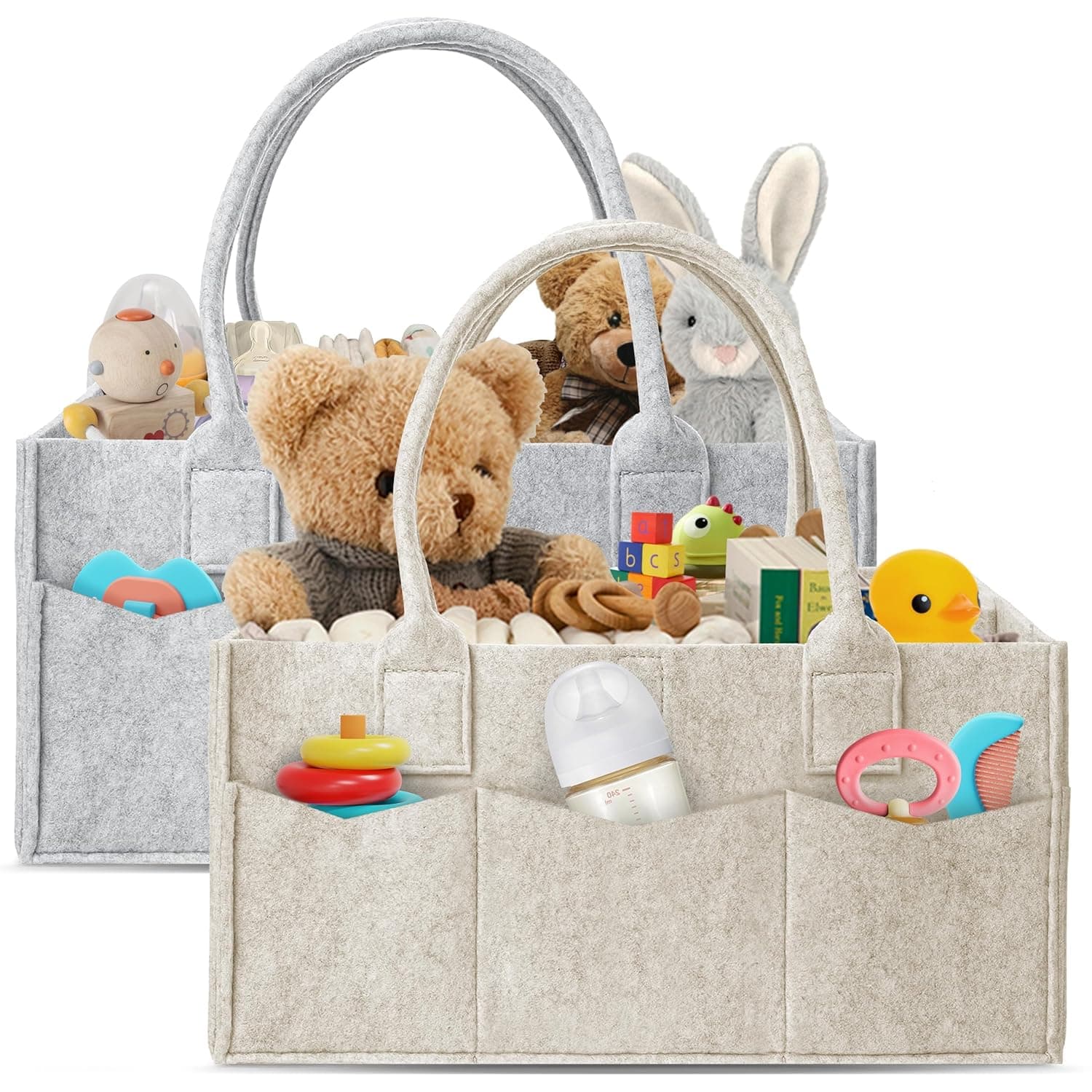 Diaper Caddy Organizer - Multiple Compartments Baby Caddy with Handles, Nursery Storage Bin & Car Organizer for Diapers, Wipes, and Baby Essentials - Dual-Color Solid Set (Grey/Oatmeal), 2Pcs