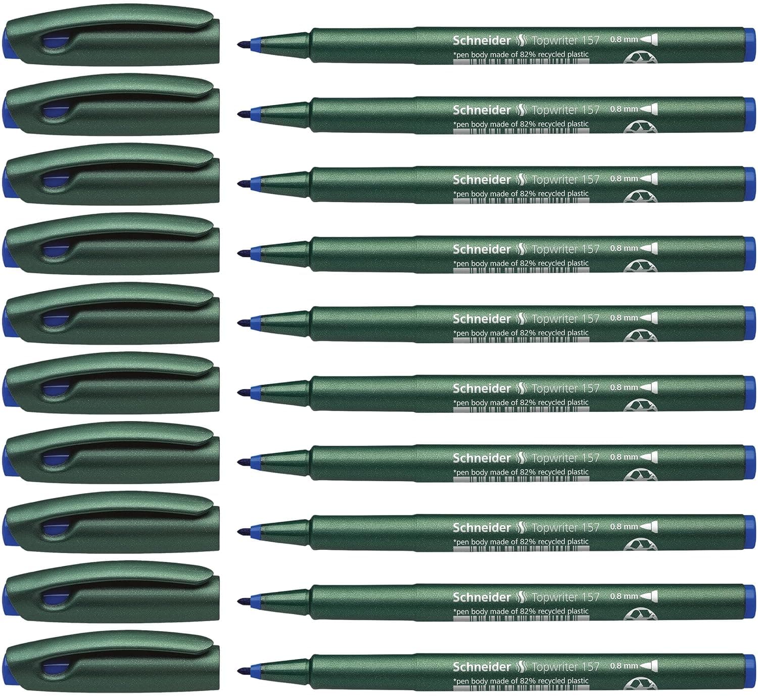 Schneider Topwriter 157 Fiber Tip Pen.8mm, Green Barrel, Blue Ink, Box of 10 (115703)