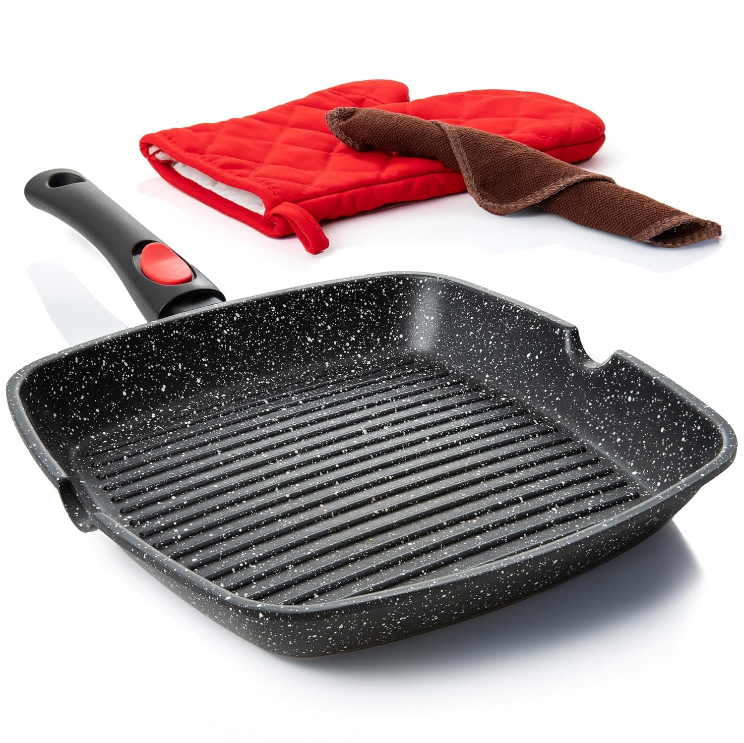 Moss & stone Square Die Casting Aluminum Grill Pan, Detachable Handle, Griddle Nonstick Stove Top Grill Pan,Chef Quality Perfect for Meats Steak Fish And Vegetables,Dishwasher Safe,11 Inch Square Pan | RV Induction Griddle Pan with Removable Handle for Gas, Electric & Ceramic Stovetops, Oven Safe Skillet with Pour Spouts