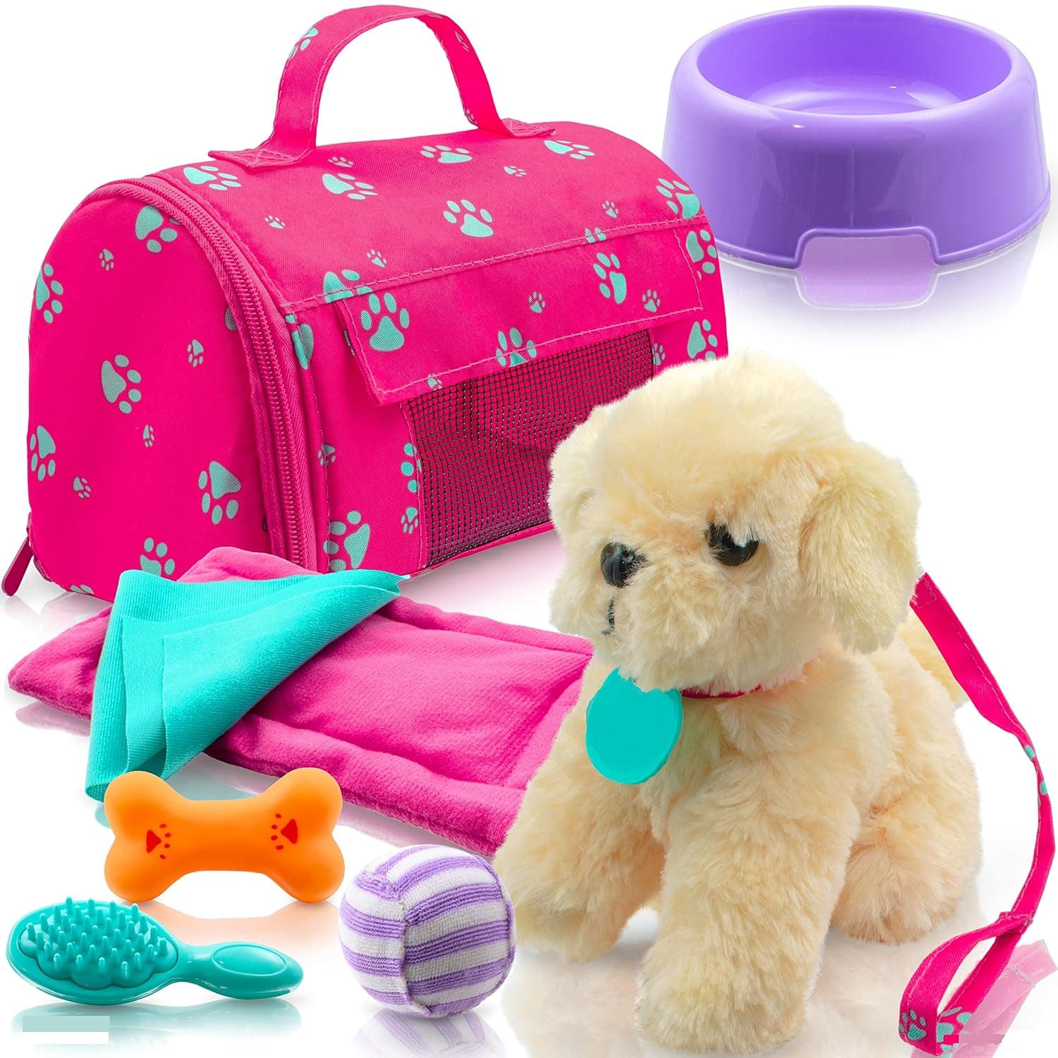 Play22 -Plush Puppy Doll Set 9 PCS - Baby Doll Accessories, Puppy Dog, Leash, Carrier, Bowl, Bone, Bed, Blanket, Tennis Ball, Brush, Doll Puppy Set and Accessories Fits for 18 Inch American Girl Dolls