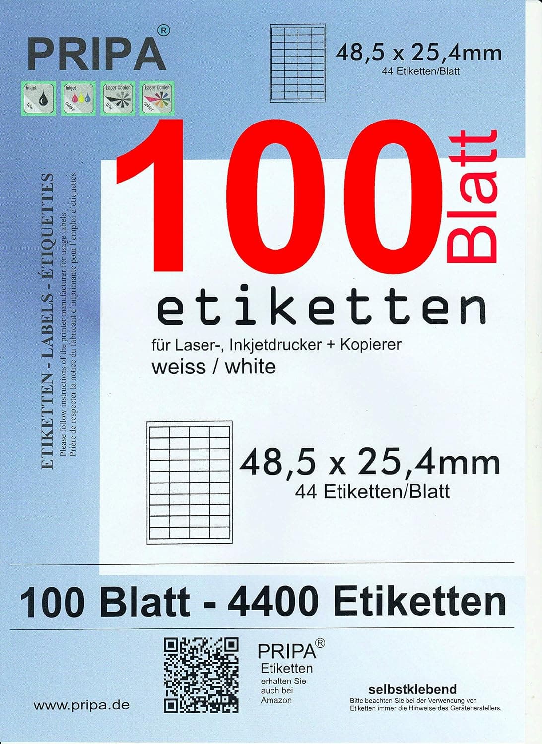 pripa - Amazon FBA Shipping Labels 48.5 x 25.4 mm - 44 Pieces on A4 100 Sheets DIN A4 Self-Adhesive Labels = 4400 Labels