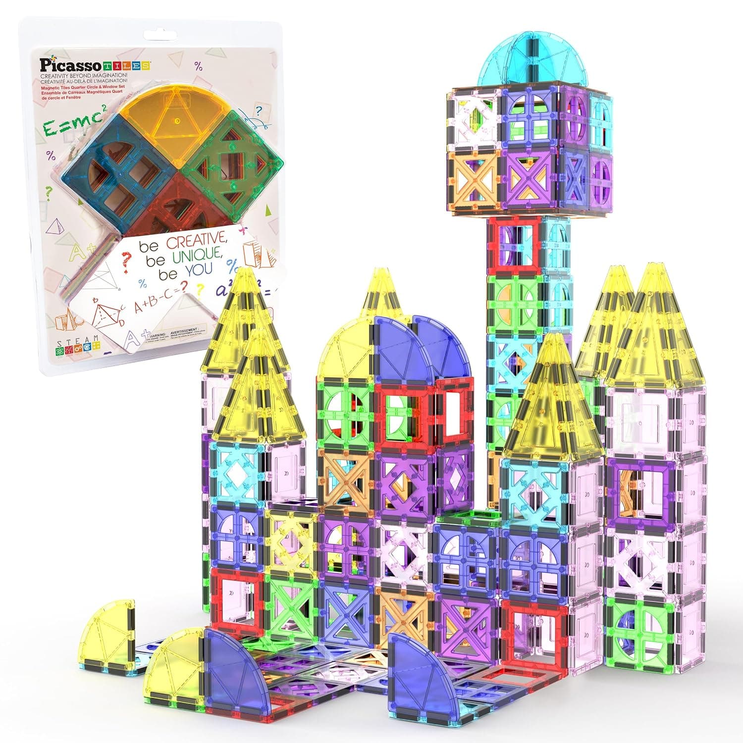 PicassoTiles 36 Piece Magnetic Building Block Quarter Round and Window Set Magnet Construction Toy Educational Kit Engineering STEM Learning Playset Child Brain Development Stacking Blocks Playboards