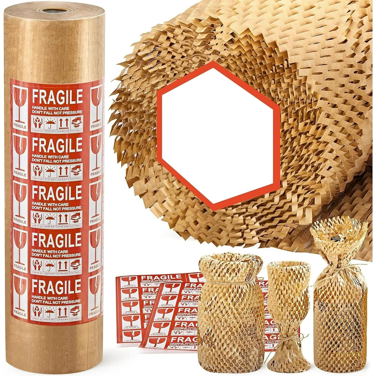 Honeycomb Packing Paper, 15"x 164' Bubble Wrap for Shipping Moving Bubble Packing Paper Wrapping Roll Recyclable Moving Supplies With 20 Fragile Sticker Labels