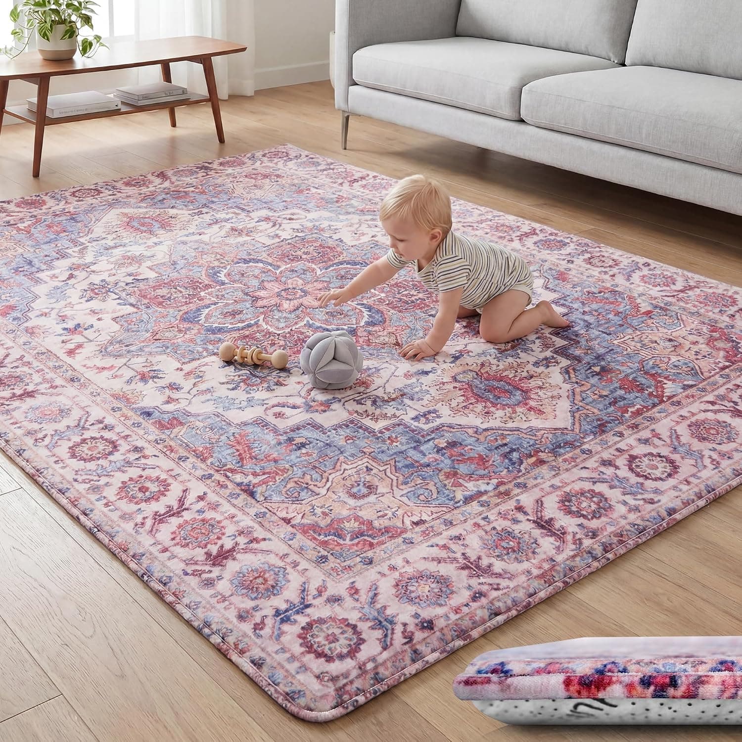 Baby Play Mat for Floor - 79x59 Inches 1.3" Thick Elasti-Foam Playpen Mat for Toddlers Infant Kids, Water-Repellent Nursery Rug, Non-Slip Backing for Crawling & Tummy Time, Isfahan