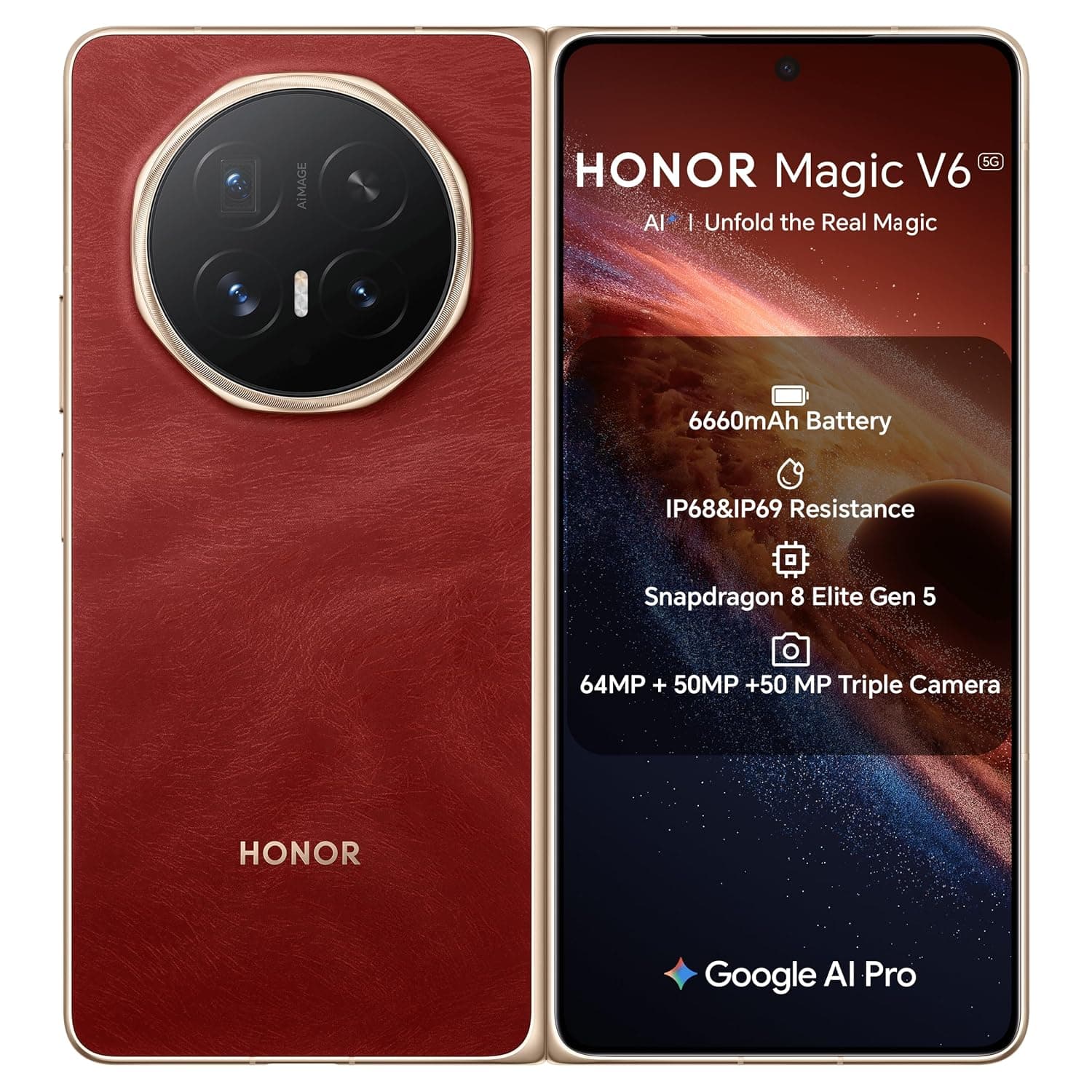 Honor Magic V6 Dual-SIM 512GB ROM + 16GB RAM (GSM Only | No CDMA) Factory Unlocked 5G Smartphone (Red) - International Version