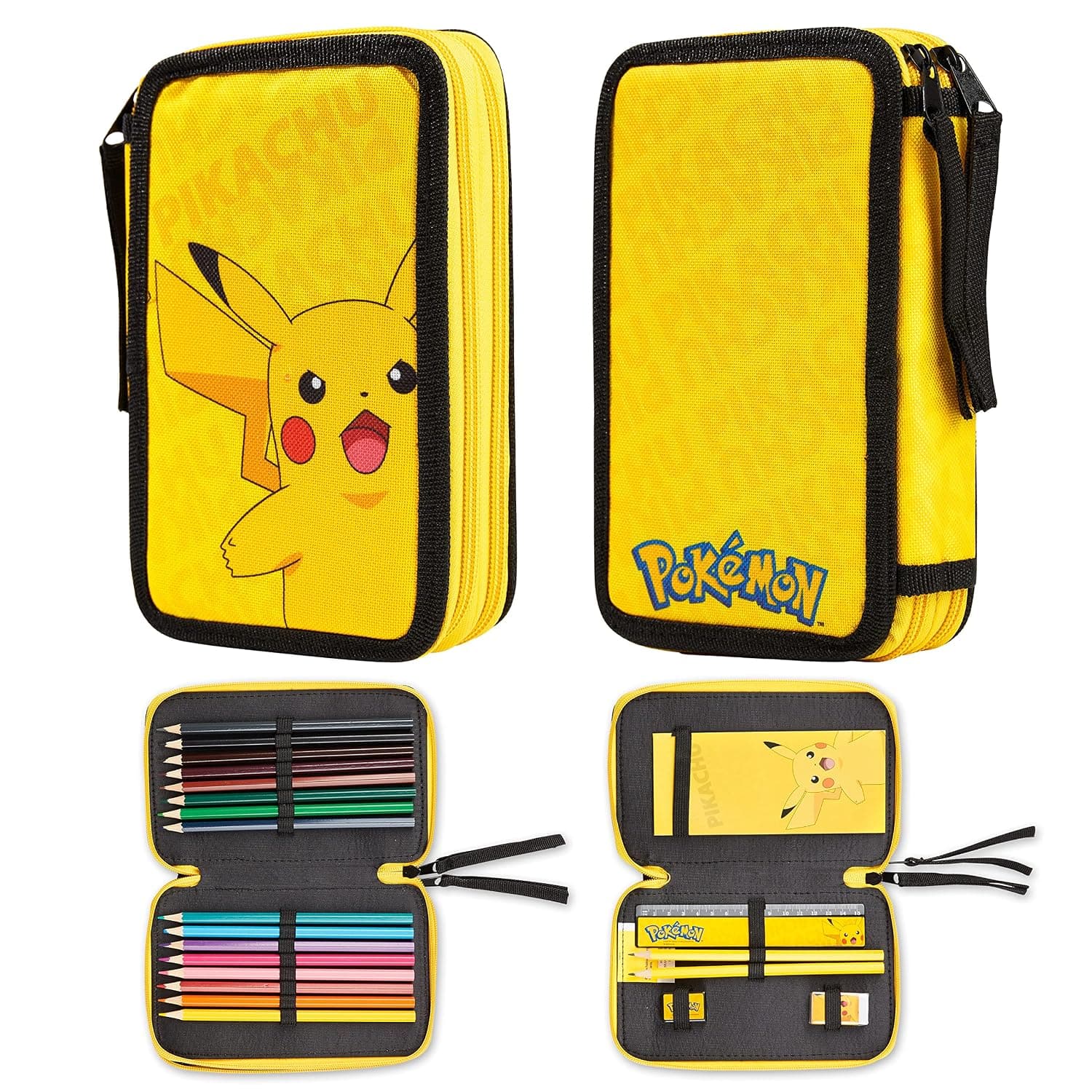 Pokemon Pencil Case for Boys with Pikachu Motif, Equipped, School Supplies Set, YELLOW, Yellow, Pencil Case