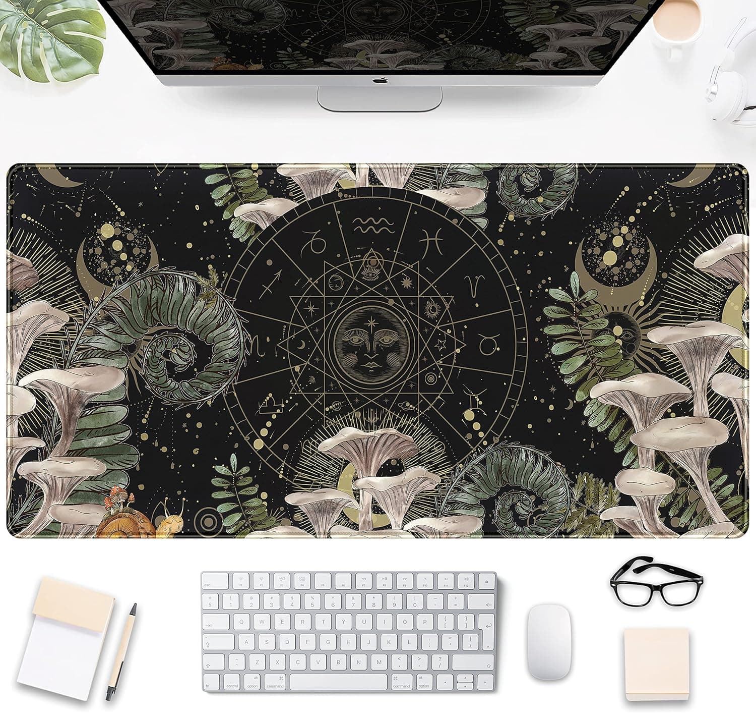 DSKGSJH Moon Mushroom Gaming Desk Pad Cute Dark Tarot Mousemats Desk Mat, Forest Extended Large Anime Mouse Pad, Gamer Desk Decor Setup, Full Desk Mouse Keyboard Mat XXL, Laptop Desk Pad 31.5"x15.75"