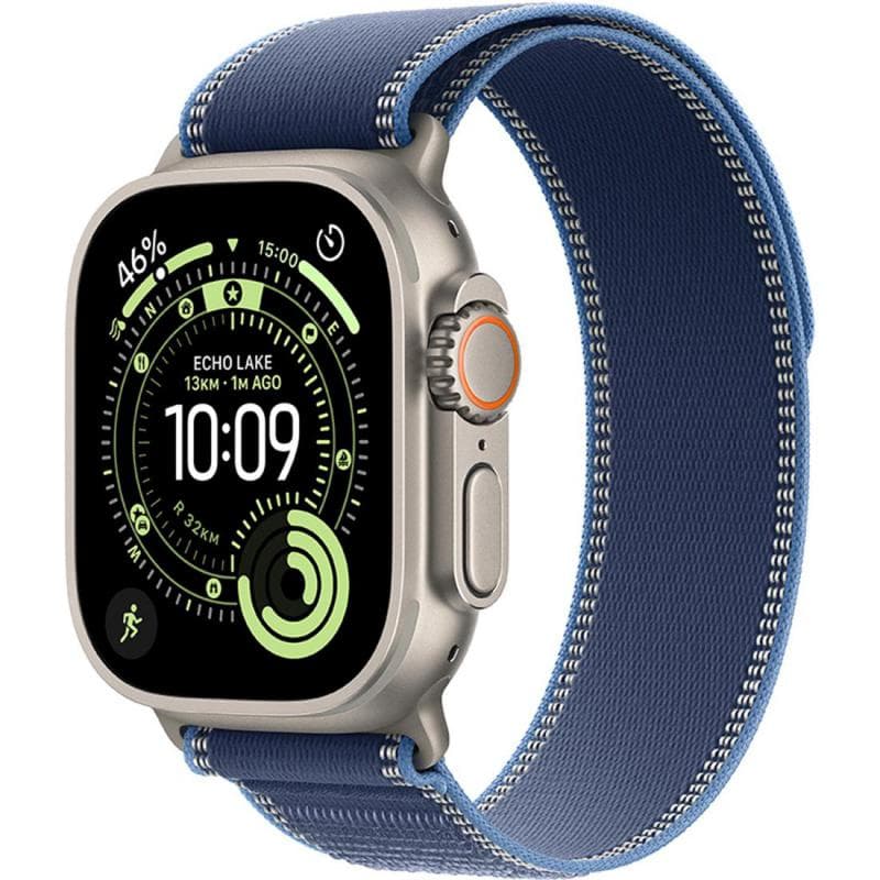 Apple Watch Ultra 3 Smartwatch, GPS + Cellular, Natural Titanium Case, Blue/Bright Blue Trail Loop, Small/Medium