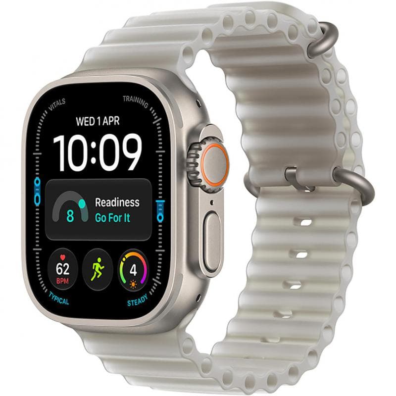 Apple Watch Ultra 4 Smartwatch, GPS + Cellular, Natural Titanium Case, Translucent Grey Ocean Band, One Size