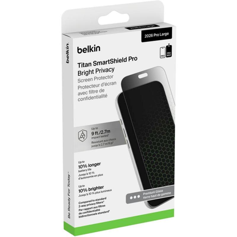Belkin SmartShield Pro Bright Privacy Smartphone Screen Protector, for iPhone 18 Pro, Scratch-resistant Glass, Anti-reflective Clarity Over 84%