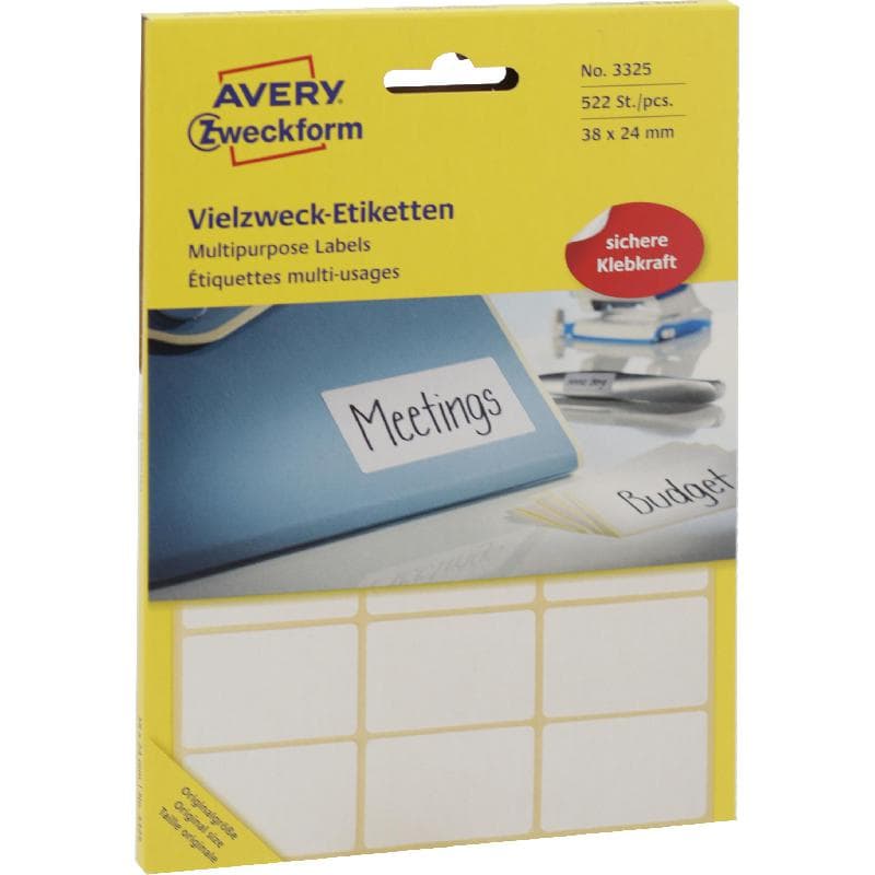 Avery Zweckform Multipurpose Labels, A6 - 38 X 24 mm, Rectangle, White, 522 Labels