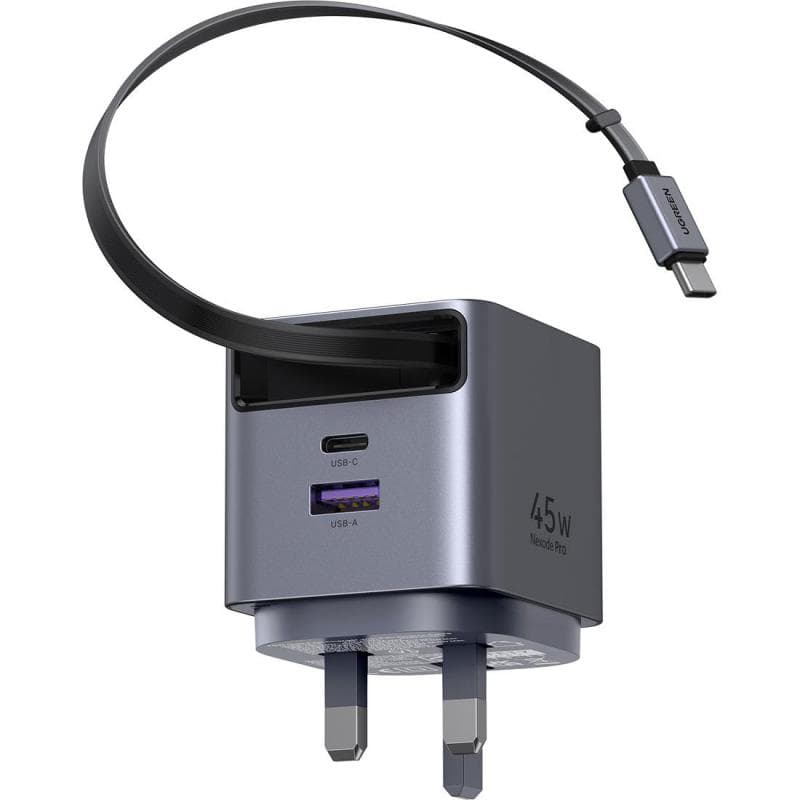 يوغرين اكستيند واط 45 شاحن سريع GaN مع كابل USB-C قابل للسحب توصيل الطاقة - يو اس بي بي دي منفذ يو اس بي ثنائي USB-C PD/USB-A رمادي