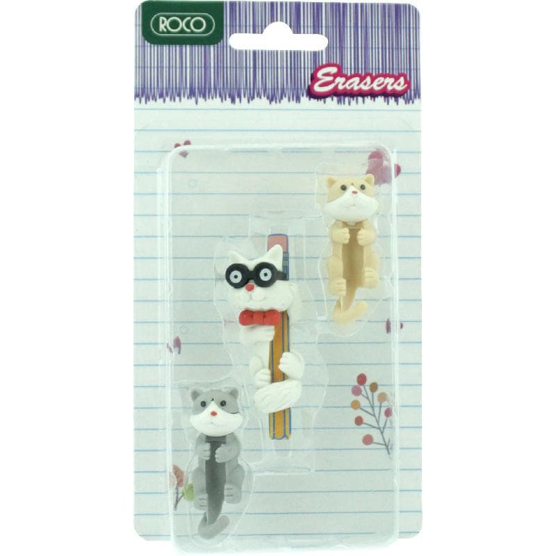 Plastic Eraser, 3 Cats Assorted Color