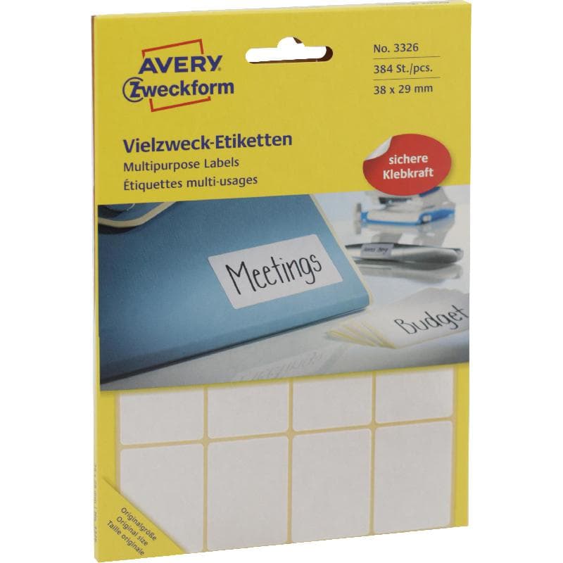 Avery Zweckform Multipurpose Labels, A6 - 38 X 29 mm, Rectangle, White, 384 Labels