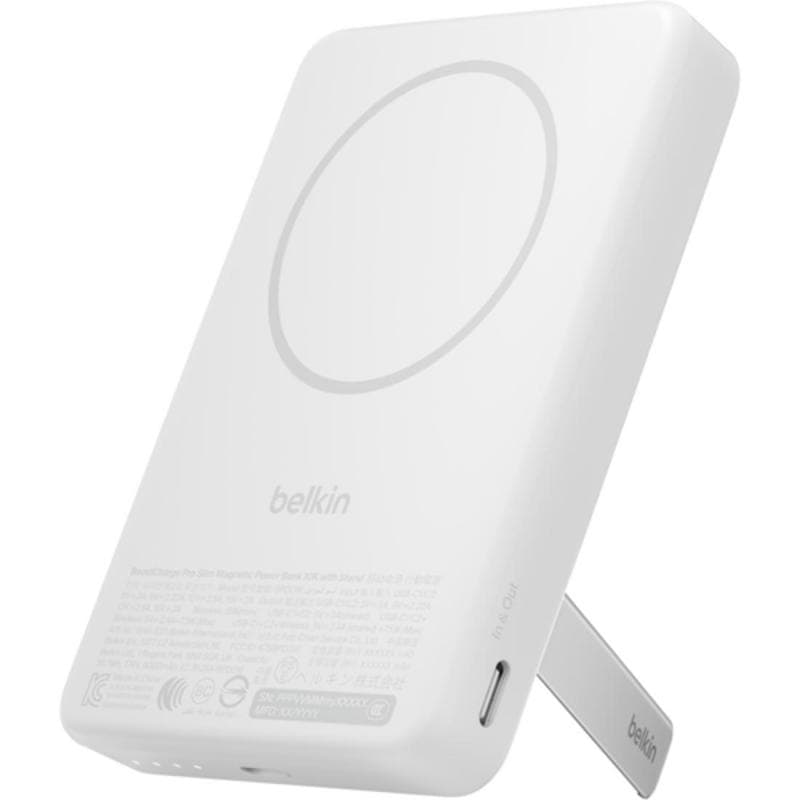 Belkin BoostCharge 15W Qi2 Slim Wireless Powerbank with Stand, Qi/PMA, 10000 mAh, Single USB-C (I/O Charging), White