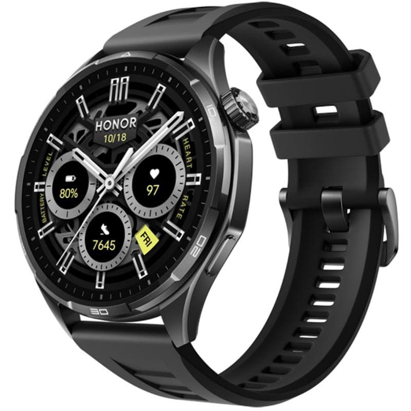Honor Watch 6 Smartwatch, GPS, 1.46", Black Stainless Steel + Plastic, Shadow Black Fluoroelastomer Strap, One Size