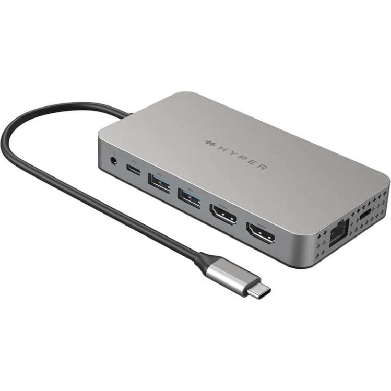 هايبر هايبر درايف محطة متعددة المنافذ سي-يو اس بي 10 منافذ (2X HDMI/2X USB-C/2X USB-A/SD/ميكرو SD/RJ-45/مقبس صوت 3.5 ملم) فضي