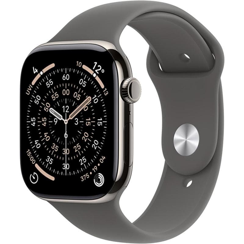 Apple Watch Series 11 42 Smartwatch, GPS + Cellular, Natural Titanium Case, Stone Grey Sport Band, Small/Medium