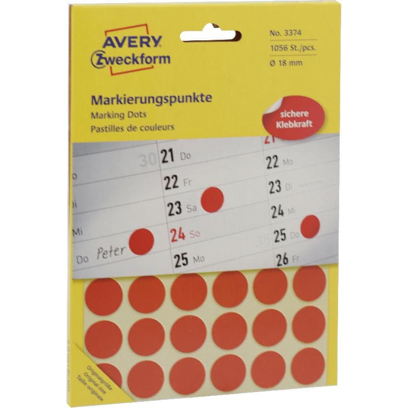 Avery Color Coding Labels, A6 - 18 mm, Round, Red, 1056 Labels