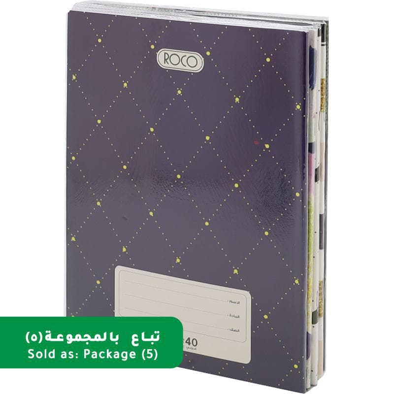 Roco Exercise Book, Printed Cover - Pack of 5, 16 X 22 cm, 80 Pages (40 Sheets), Single Ruled (Arabic), Assorted Prints