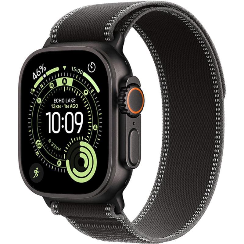 Apple Watch Ultra 3 Smartwatch, GPS + Cellular, Black Titanium Case, Black/Charcoal Trail Loop, Small/Medium
