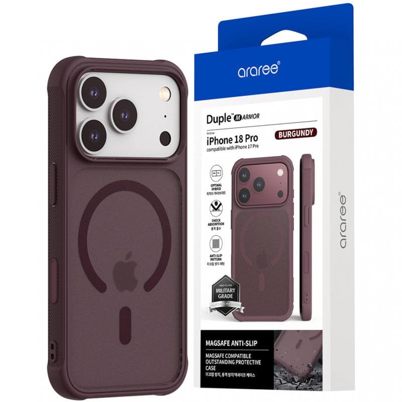 Araree Duple M Armor Back Cover Mobile Case with MagSafe, for iPhone 18 Pro/iPhone 17 Pro, Burgundy