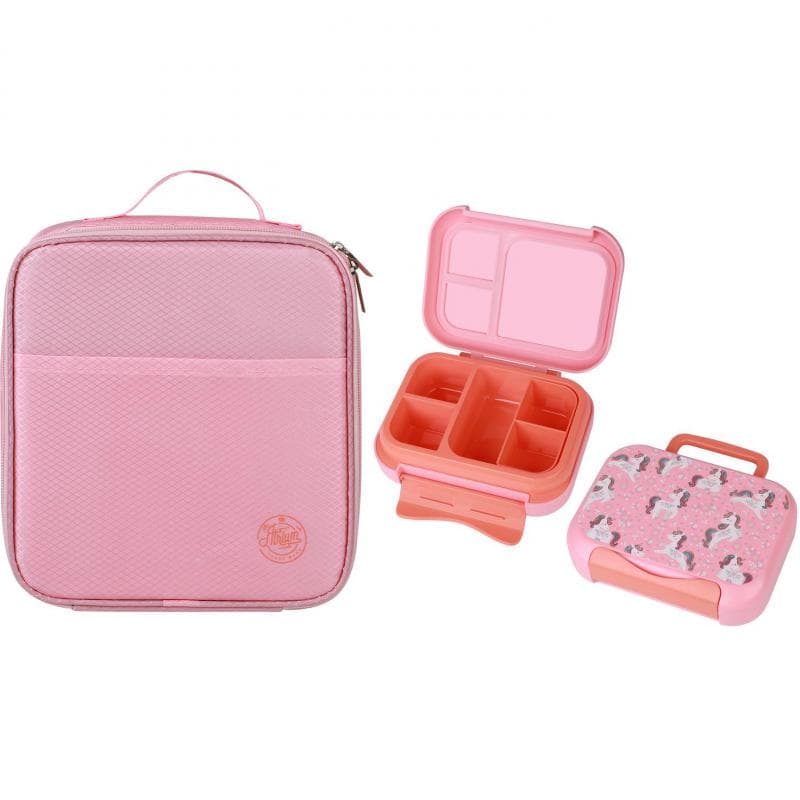 Atrium Lunch Kit, Bento-Style Compartment with Handle in Unicorn Pattern, Pink