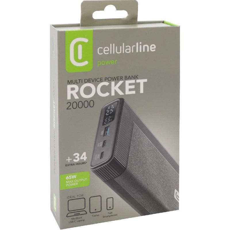 Cellularline Rocket Multi Device 65W Powerbank, PD Fast Charging, 20000 mAh, 3 USB (1X USB/2X USB-C), Black