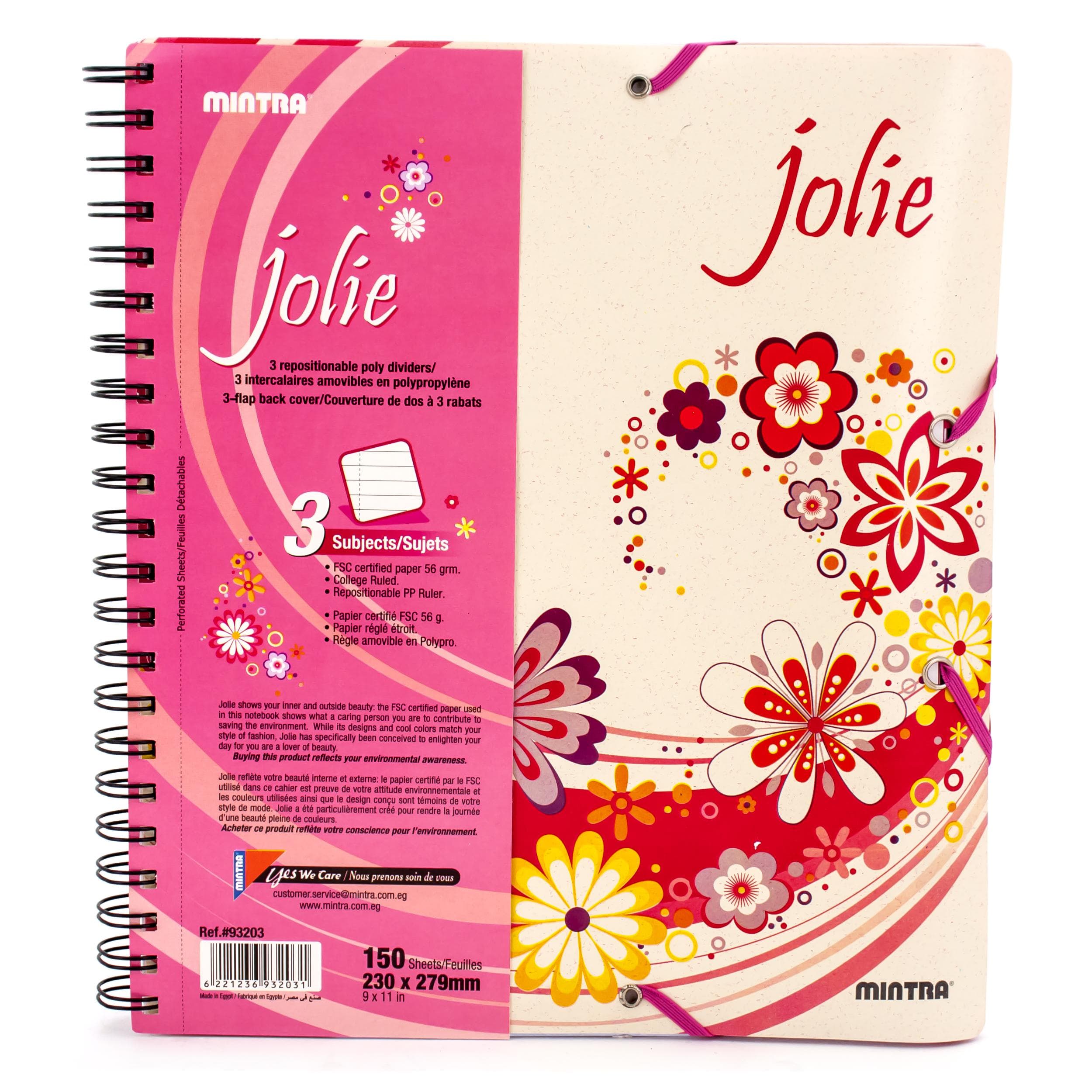 Mintra Jolie Notebook, Repositionable Dividers, Letter, 300 Pages (150 Sheets), 3 Subjects, College Ruled, Pink