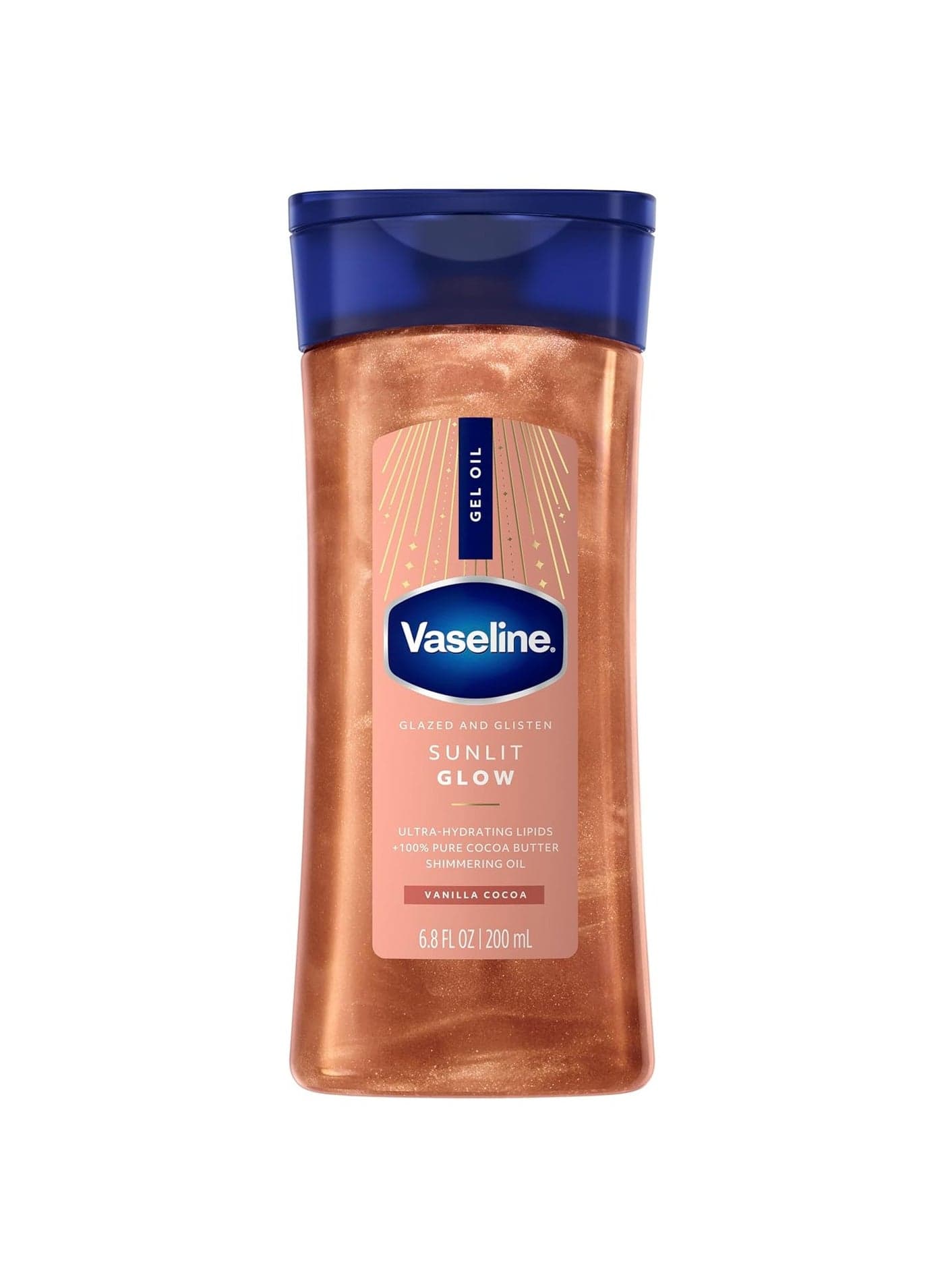 Vaseline Glazed & Glisten Sunlit Glow Body Gel Oil 200ml | Vanilla Cocoa Shimmer | With Ultra-Hydrating Lipids & 100% Pure Cocoa Butter