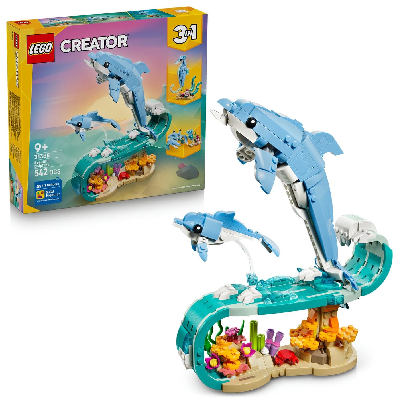 LEGO Creator 3 in 1 Sea Animals: Beautiful Dolphins 31385 Building Toy Set (542 Pieces)
