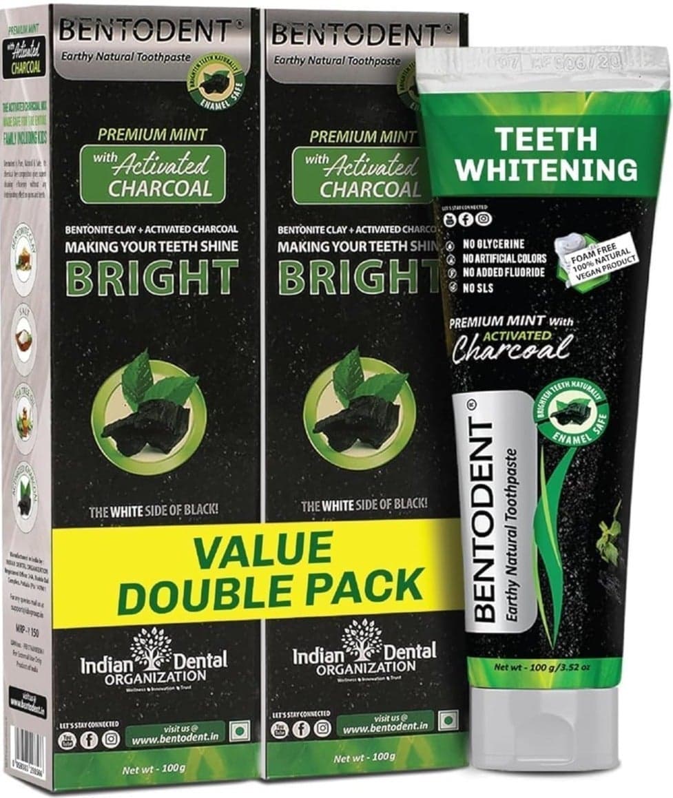 Bentodent toothpaste - Teeth Whitening Products | Activated Charcoal Mint Teeth Whitening Toothpaste | Enamel Safe, Natural | Foam free, Fluoride Free - (Pack of 2 Teeth Whitening Products)