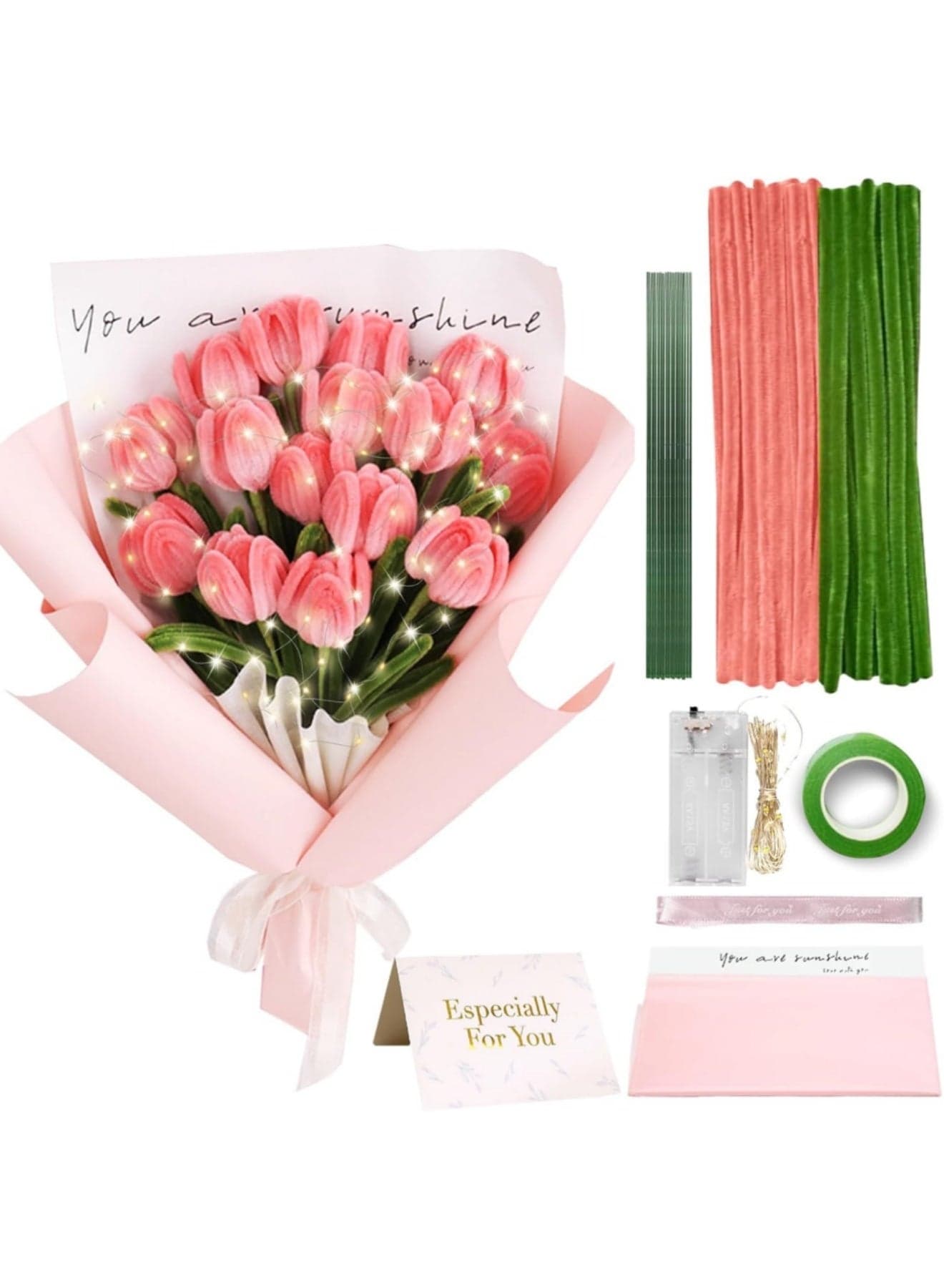 Tulip Pipe Cleaners for Craft, 30cm Green and Pink Pipe Cleaners, Fuzzy Sticks Craft Supplies, Chenille Stems with Flower Pole, Flower Core & Gardening Tape, Arts & Crafts for DIY(16 Flowers)