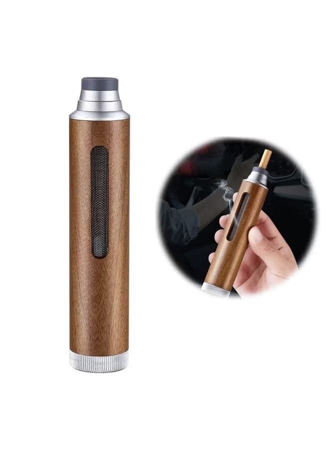 Handheld Ashtray,Portable Metal Cigarette Ash Tube Windproof Smokeless Ashtray Fireproof Cigarettes Ash Holder Detachable Cigarette Ashtray for Indoor Outdoor Smoking,Walnut Wood Silver