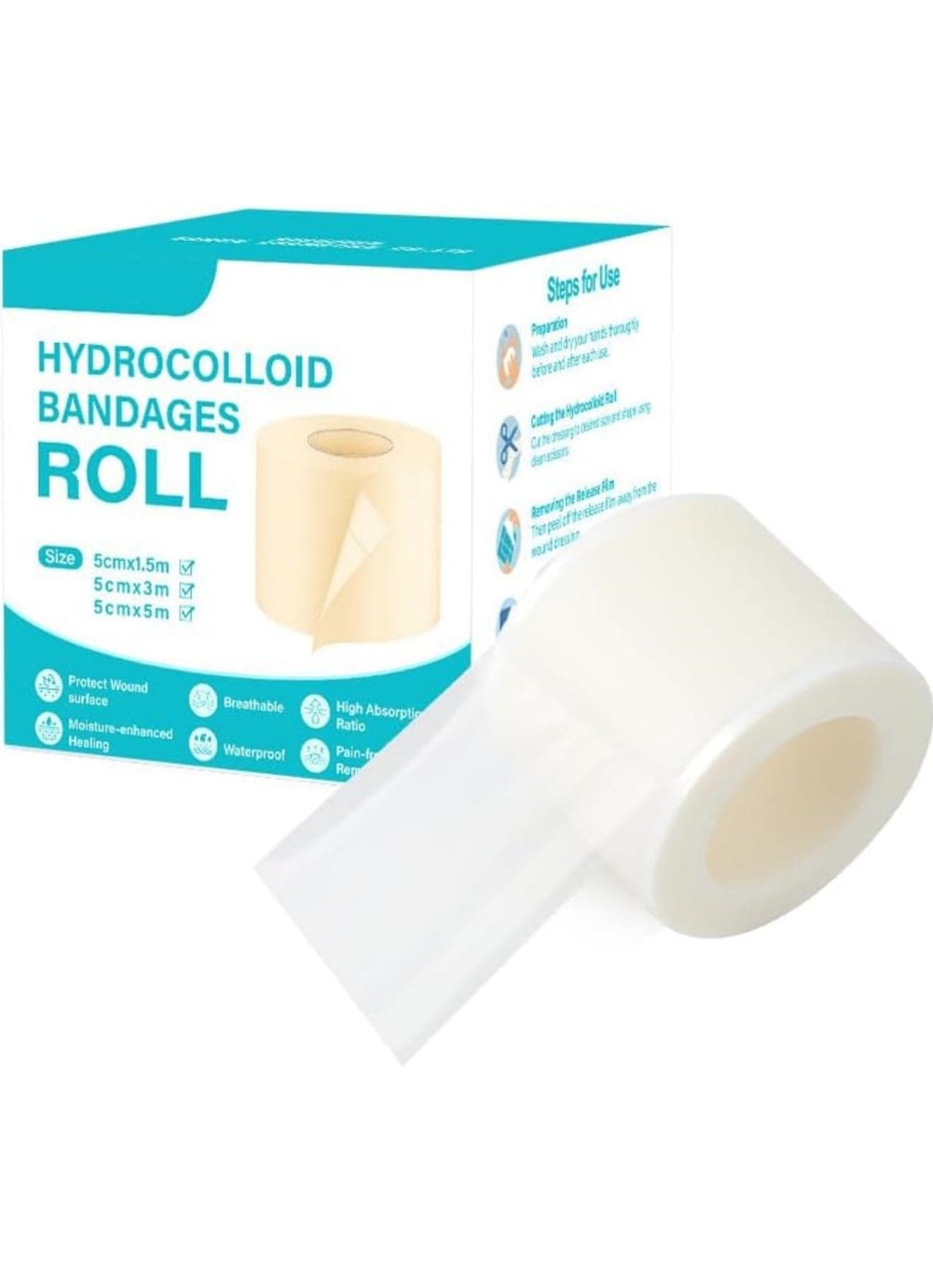 5cmx1.5m Hydrocolloid Bandage, Wound Care Hydrocolloid Roll, Cut-to-size Waterproof Tape,Portable Gentle Breathable Bandage,suitable For Sensitive Skin Hands Feet Toe Face Pimple