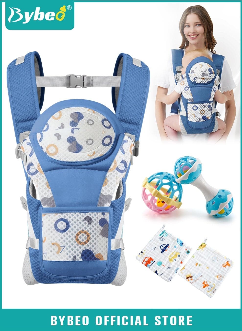 Baby Carrier, Baby Wraps Carrier with 2 Bibs and 2 Rattle Toys Set, Ergonomic Babywearing, Adjustable Infant Carrier Slings for Newborn to Toddler, Front and Back Use for Dad and Mom