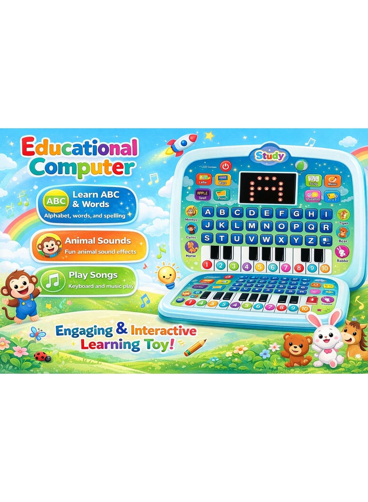 Kids English Learning Tablet with Piano Keyboard - Educational Toy with LED Screen, Interactive Alphabet & Music Learning Toy for Preschoolers, Perfect Gift for Birthday & Eid